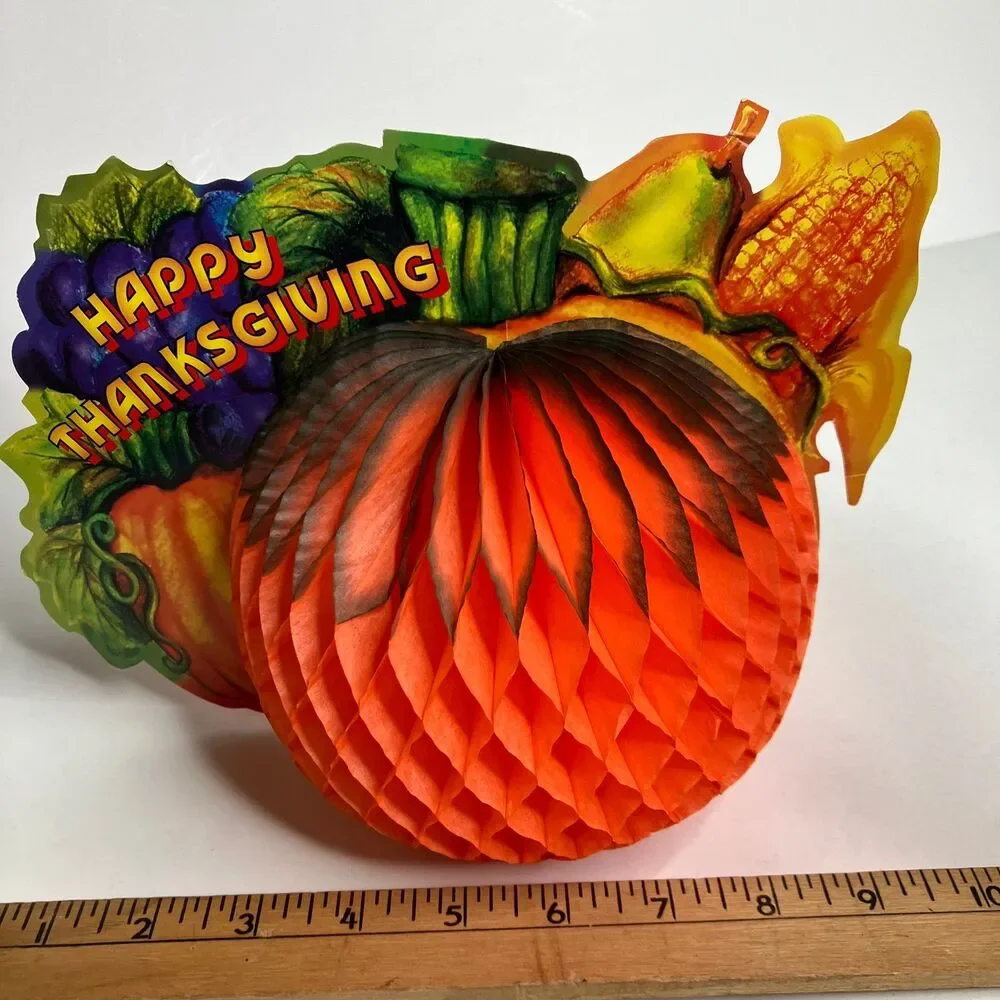 Happy Thanksgiving Honeycomb Crepe Paper Pumpkins Lot Of 2 Centerpieces